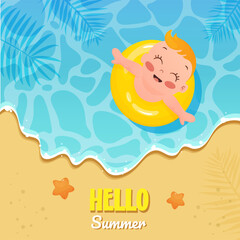 Child on the beach. Child swimming with  lifebuoy i at the sea.