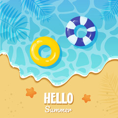 Fototapeta na wymiar Hello summer cartoon card. Summer beach background.