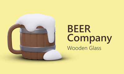 Wooden glass for beer. Banner with 3D image. Durable tableware for serving drinks in portions at bar. Color illustration on yellow background. Beer company horizontal advertising template