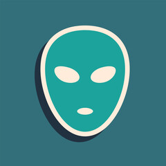 Green Alien icon isolated on green background. Extraterrestrial alien face or head symbol. Long shadow style. Vector