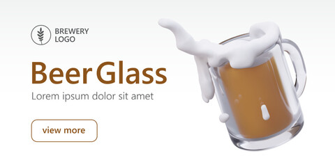 Horizontal template with beer mug and text. 3D drink with white foam splashes out of glass mug. Title, description, place for logo, view more button. Color illustration for design of web page