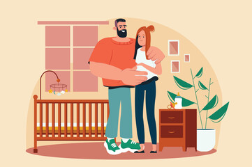 Pregnancy yellow concept with people scene in the flat cartoon design. The young couple is preparing to become parents. Vector illustration.
