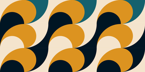 Geometric abstract vector background with circles, rectangles and squares in retro Bauhaus style. Pastel colored simple shapes graphic pattern.