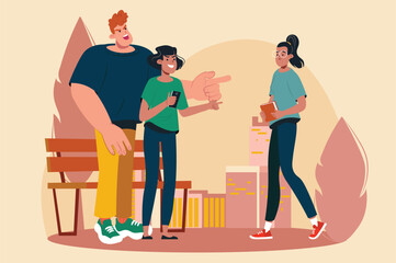 Bulling yellow concept with people scene in the flat cartoon style. Two friends are bullying a stranger on the street. Vector illustration.