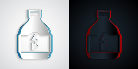 Paper cut Sports nutrition bodybuilding proteine power drink and food icon isolated on grey and black background. Paper art style. Vector