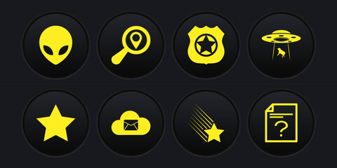 Set Star, UFO abducts cow, Cloud mail server, Falling star, Police badge and Search location icon. Vector