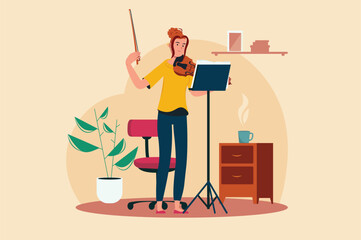 Favorite hobby yellow concept with people scene in the flat cartoon style. A girl plays the violin in her free time. Vector illustration.