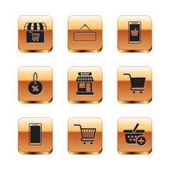 Set Market store with shopping cart, Smartphone, mobile phone, Shopping, Discount percent tag, Mobile and basket, Add and Signboard hanging icon. Vector