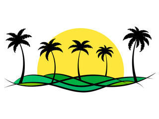 Fototapeta na wymiar Tropical landscape with palm trees and sun isolated on white background. Green wavy landscape with black silhouettes of palm trees. Design for printing t-shirt and banner. Vector illustration