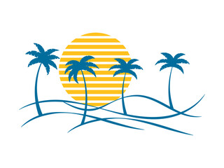 Fototapeta na wymiar Line art landscape with palm trees and sun 80s style on white background. Summer tropical landscape in a minimalist style. Design for printing t-shirt and banner. Vector illustration