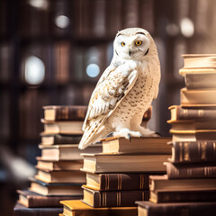 White snowy owl sitting on books in a library background. AI generative
