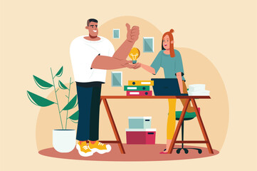 Great teamwork yellow concept with people scene in the flat cartoon style. A team of employees found a joint solution to work problems. Vector illustration.