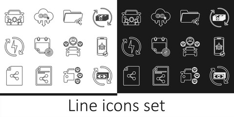 Set line Refund money, Flight mode in the mobile, Share folder, Financial calendar, Recharging, Car sharing, and CO2 emissions cloud icon. Vector