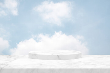 White Marble Table and Marble Cylinder Podium with Beautiful Cloud Background, Suitable for Cosmetic Product Presentation Backdrop, Display, and Mock up.