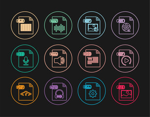 Set line JPG file document, GIF, WMA, OGG, XLS, DOC and WAV icon. Vector