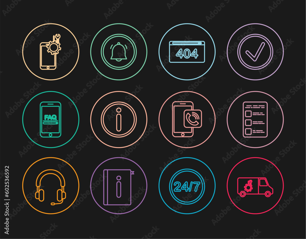 Poster set line car service, create account screen on mobile, page with 404 error, information, mobile faq 