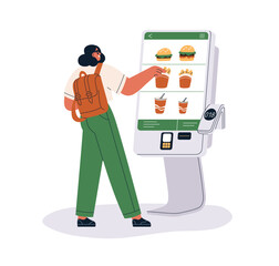 Customer at self ordering kiosk, choosing from fast food menu on screen, digital display on stand machine, buying and paying terminal. Flat graphic vector illustration isolated on white background