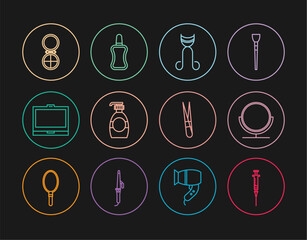 Set line Syringe, Round makeup mirror, Eyelash curler, Bottle of liquid soap, Makeup powder with, Eyebrow tweezers and Nail polish bottle icon. Vector