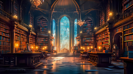 Fototapeta premium Magic old library background. AI generative