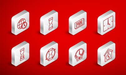 Set line Retro wall watch, Old hourglass, Clock PM, World time, and icon. Vector