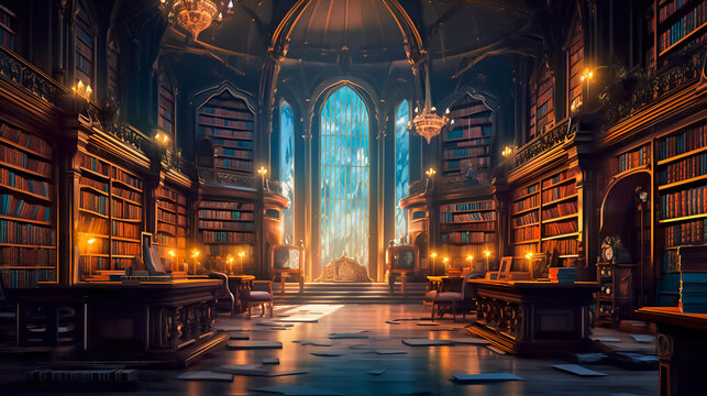 Magic old library background. AI generative