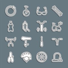 Set line Bicycle lock, handlebar, Stationary bicycle, Sport cycling sunglasses, fork, bottle with water, brake disc and kids icon. Vector
