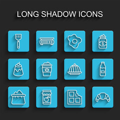 Set line Bag of flour, Jam jar, Spatula, Chocolate bar, Croissant, Coffee cup to go, Bottle with milk and Pudding custard icon. Vector