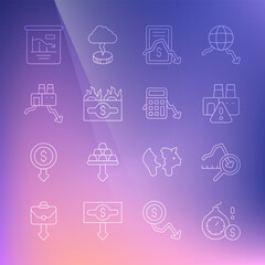 Set line Money bomb dollar crisis, Global economic, Shutdown of factory, Mobile stock trading, Burning bill, Pie chart infographic and Calculation expenses icon. Vector