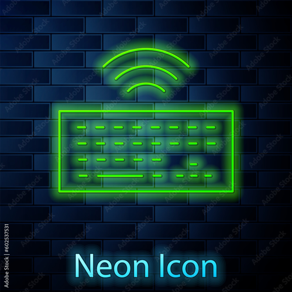 Poster glowing neon line wireless computer keyboard icon isolated on brick wall background. pc component si