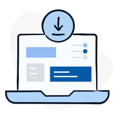 Computer monitor and a download icon. Screen and arrow pointing down icon. Monitor with the download symbol. Display and download button icon.