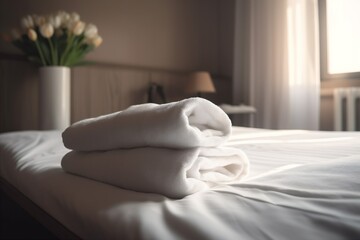 flower welcome bath spa window comfortable towel bed modern bedchamber. Generative AI.
