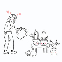 Girl takes care of plants. Illustration in doodle style. Cozy illustration with a cat