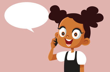 Happy Little Girl Talking on the Phone Vector Cartoon Illustration. Talkative kid using a smartphone to communicate 
