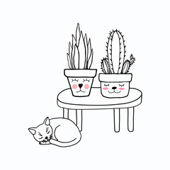 Summer gardening. Cozy illustration with a cat. Vector illustration in doodle style.