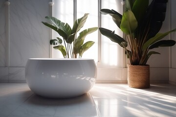 tropical green bathroom white furniture sink clean design leaf home interior. Generative AI.