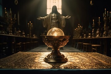 Eucharist Feast of Corpus Christi. Jesus Christ in the monstrance present in the Sacrament of the Eucharist. holy grail, bronze gold cup with christian and religious cross. Jesus Christ. Generative AI - obrazy, fototapety, plakaty