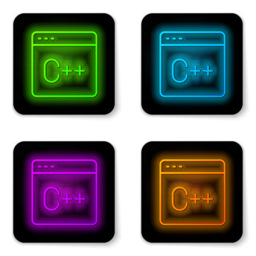 Glowing neon line Software, web developer programming code icon isolated on white background. Javascript computer script random parts of program code. Black square button. Vector
