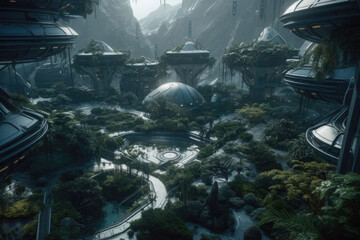 The space colony construction. Space expansion concept of human settlement in alien world. Generative AI