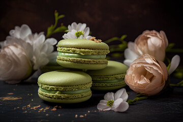 Fototapeta na wymiar Traditional french cookie macaron with pistachio flavor. Small French cakes. Sweet green french macarons. Generative AI
