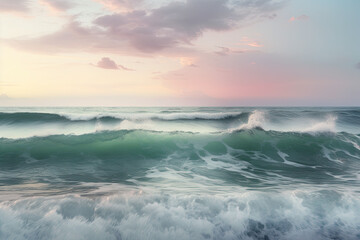 Sea waves on the beach in the morning. Beautiful seascape in pastel colors. Generative AI