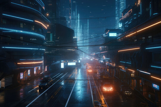 Neon night in a futuristic city. Wallpaper in a cyberpunk style. Empty street with neon lights reflecting in a water. Generative AI