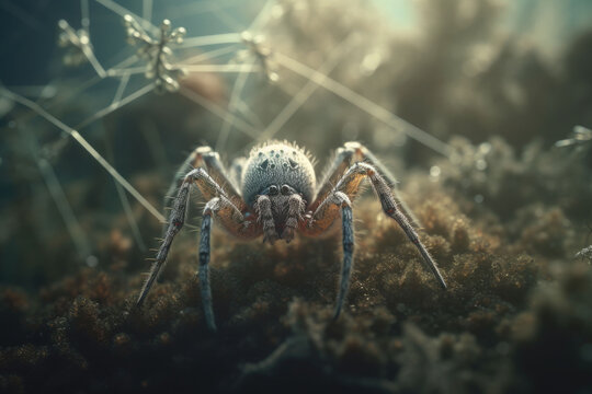 A closeup view of a spider in a natural environment. The arachnid in the forest. Generative AI