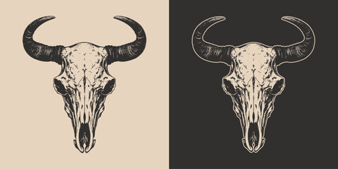Set of vintage retro scary spooky cow bull skull head skeleton. Cowboy Native American. Can be used like emblem, logo, poster or print. Monochrome Graphic Art. Vector. Hand drawn element in engraving