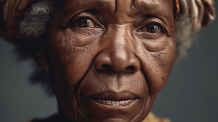 A pensive senior African woman's expression tells a story of sorrow. Generative AI