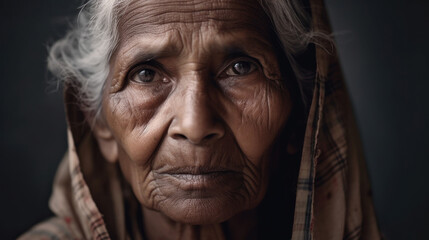An elderly Indian woman's portrait captures the weight of her thoughts. Generative AI