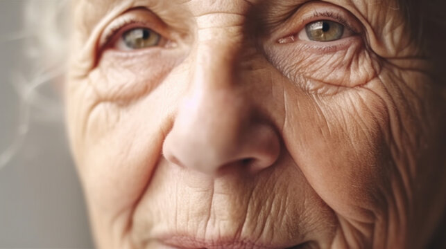 A closeup portrait captures the melancholy of a senior woman. Generative AI