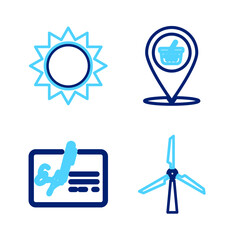 Set line Wind turbine, Signed document, Location shopping basket and Sun icon. Vector