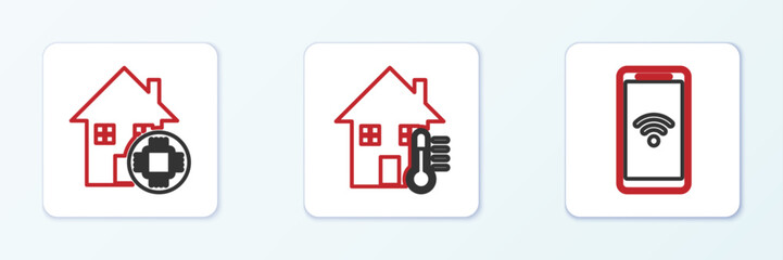 Set line Mobile with heart rate, Smart home and House temperature icon. Vector