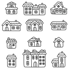 A collection of simple and cute linear houses. Doodle art illustration. Set of flat elements for the design of children's goods and clothes. Kawaii cottages, manors and townhouses in children's style.