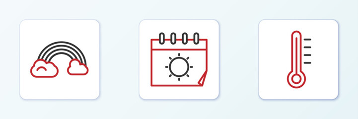 Set line Meteorology thermometer, Rainbow with clouds and Calendar and sun icon. Vector